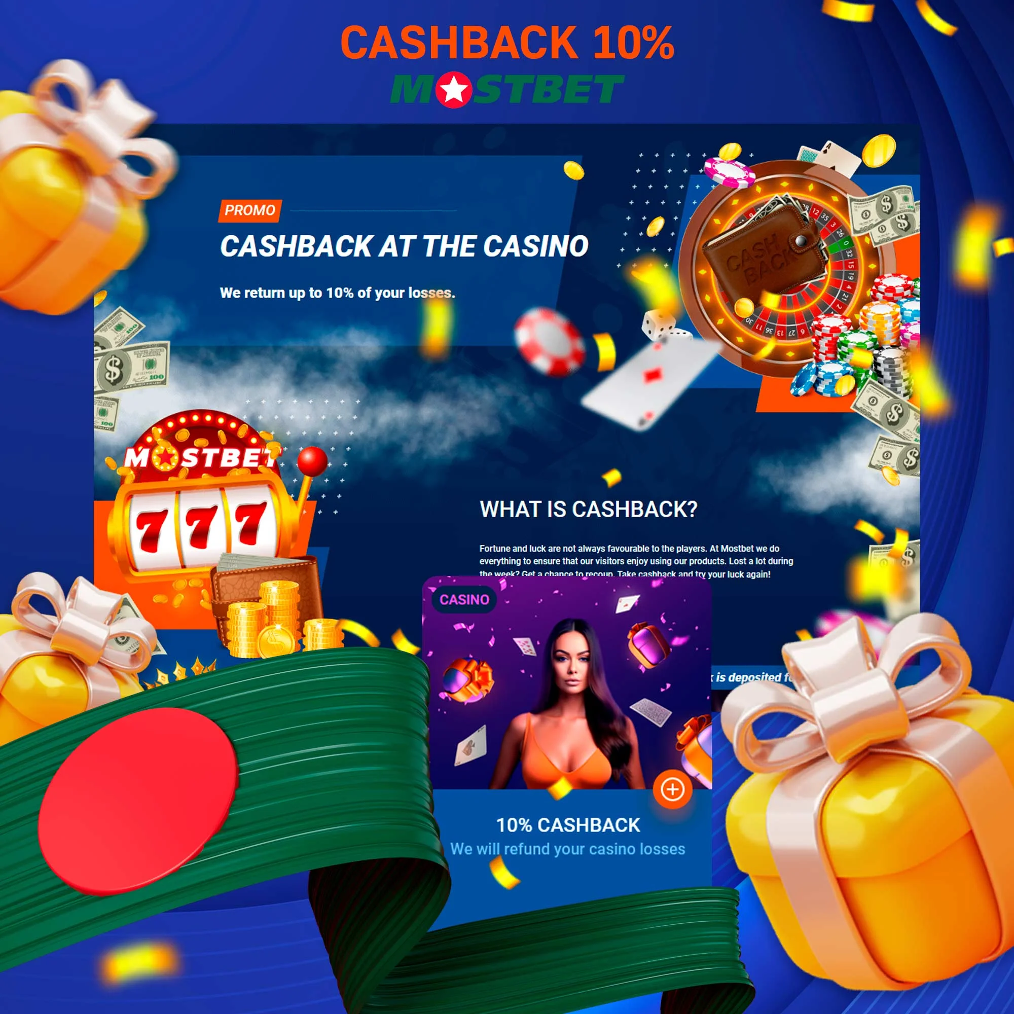 How does the Cashback 10% Mostbet bonus work?