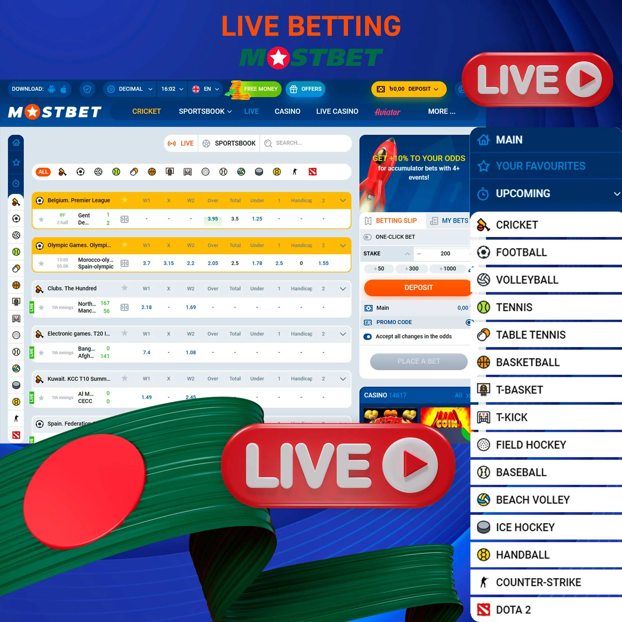 What categories of live betting games does Mostbet offer?