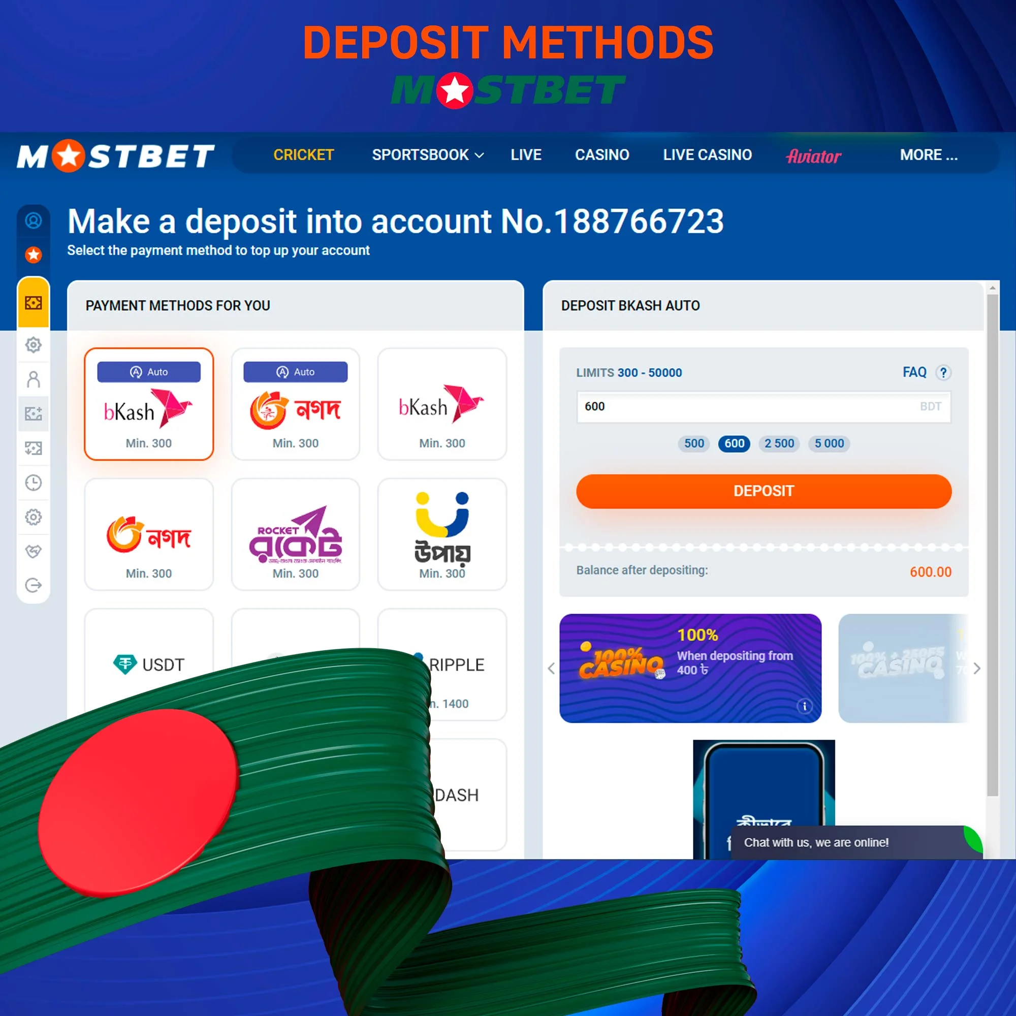 Instructions on how to deposit to your account at Mostbet